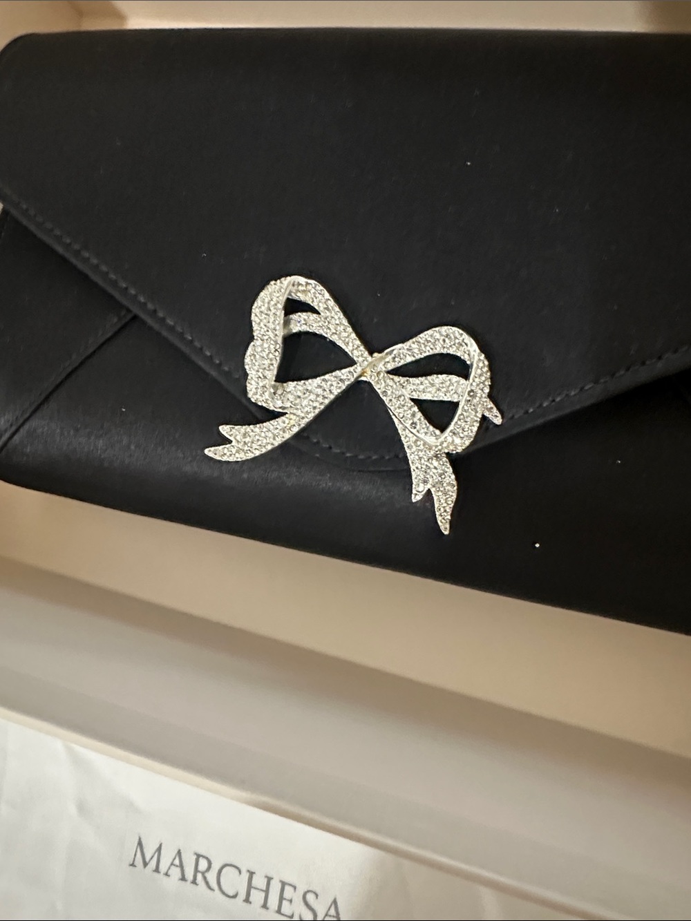 Black Satin Clutch with Silver Bow Accent 10X6X2